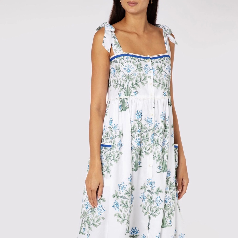 Juliet Dunn Blue Japanese Flower Tie Shoulder Dress Size 1